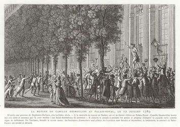 Camille Desmoulins llama a las armas fuera del Palais Royal, París, Revolución Francesa, 12 de julio de 1789